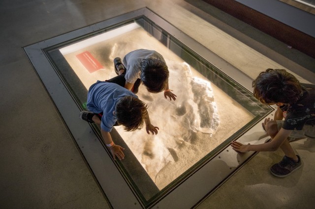 Children looking into a floor cutout showing dinosaur fossils embedded in rock