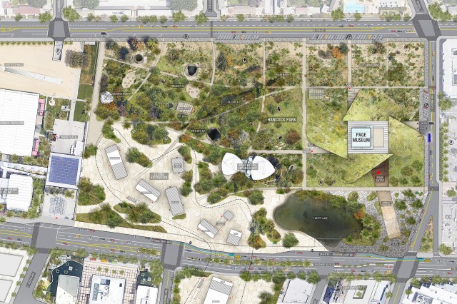 The Masterplan merges geometries of museum and park, tracing a grid of pathways and landscapes that anticipates future dig sites and seeps while selectively deforming to connect key features of the site and beyond.