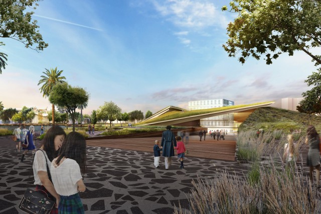 A New Arrival Plaza at the Corner of Wilshire &amp; Curson welcomes visitors to the Tar Pits and extends into a ramped museum forecourt, descending 12 feet and 20,000 years in the past.