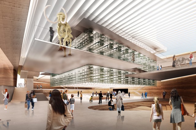 The reimagined Page Museum lobby is anchored by a hovering “Archive Block,” a glass enclosed repository for the museum’s collection and surrounded by public circulation and an ascending circuit of exhibition galleries.  