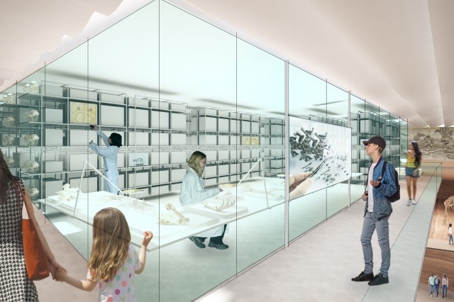 Visitors peer into a Research Lab embedded within “Archive Block.” Above, a new gallery brings visitors up close to see the Pleistocene scenes depicted in Page Museum’s iconic frieze.