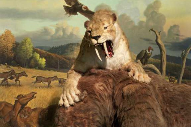 Animatronic saber-toothed cat digs into a giant sloth