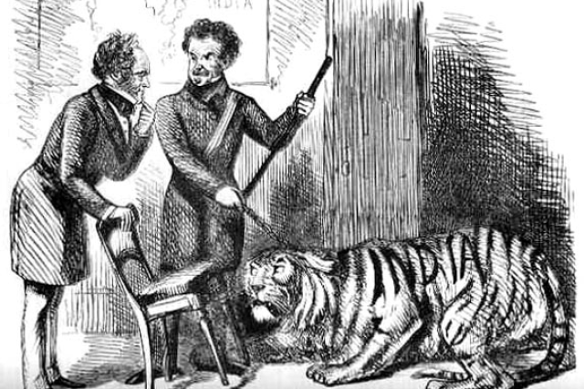 Cartoon with Lord Palmerston, Sir Colin Campbell, referencing the Sepoy Mutiny of 1857, entitled &quot;The New Year&#039;s Gift&quot;, India is represented by a cowed tiger. Punch ​​​​​​​magazine,  1858 