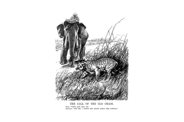 Punch Magazines, 1840-50s cartoon depicting tiger and elephant