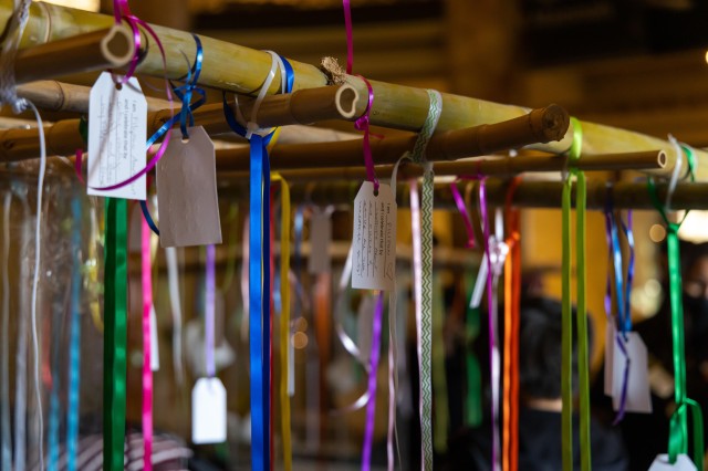 colorful ribbons hanging down with tags