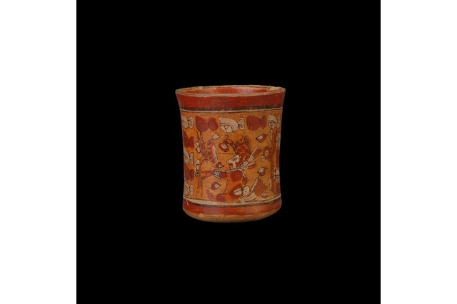 Maya hot chocolate cup, covered in fish glyphs. Maya fish glyphs represent the word chocolate. AD 600-900