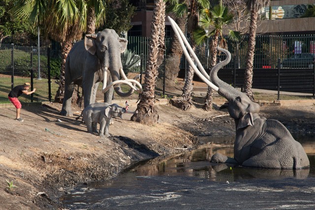 Gary Baseman leaning down to photograph a stuffed figure atop a mammoth sculpture, two additional mammoth sculptures, and a lake pit