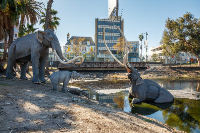 Mammoth sculptures facing each other on the shore and from within a lake pit, with city buildings in the distant background