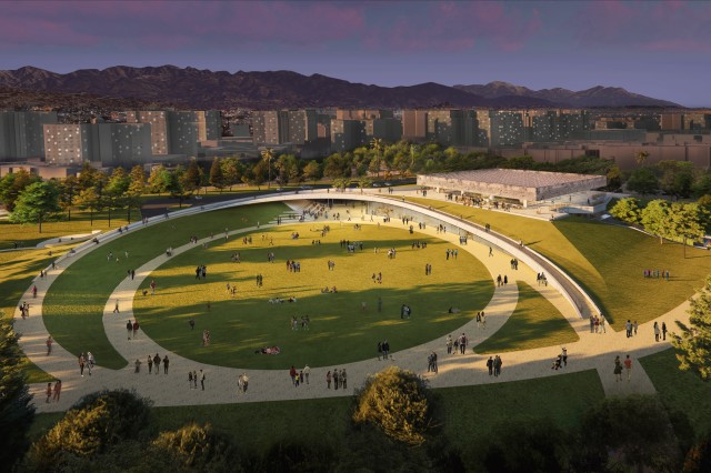 La Brea Tar Pits rendering arial view exterior at night