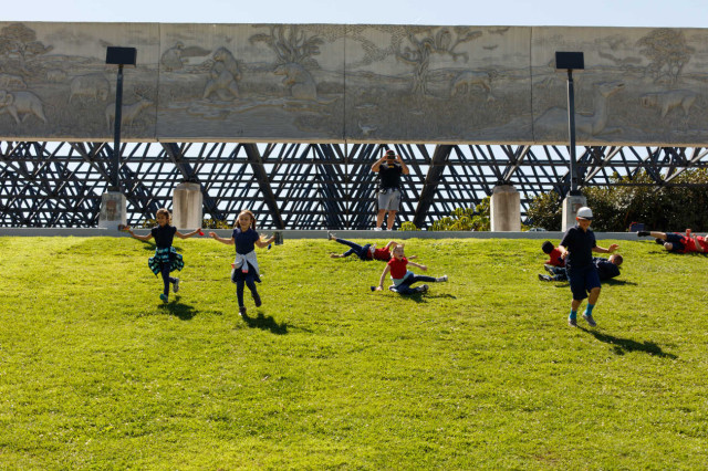 Children rolling down hill