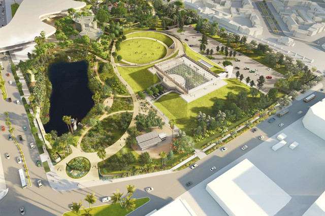Aerial view of black tar pit surrounded by greenery