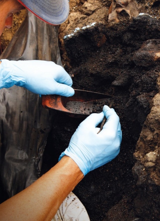Photo of paleontologist excavating fossils