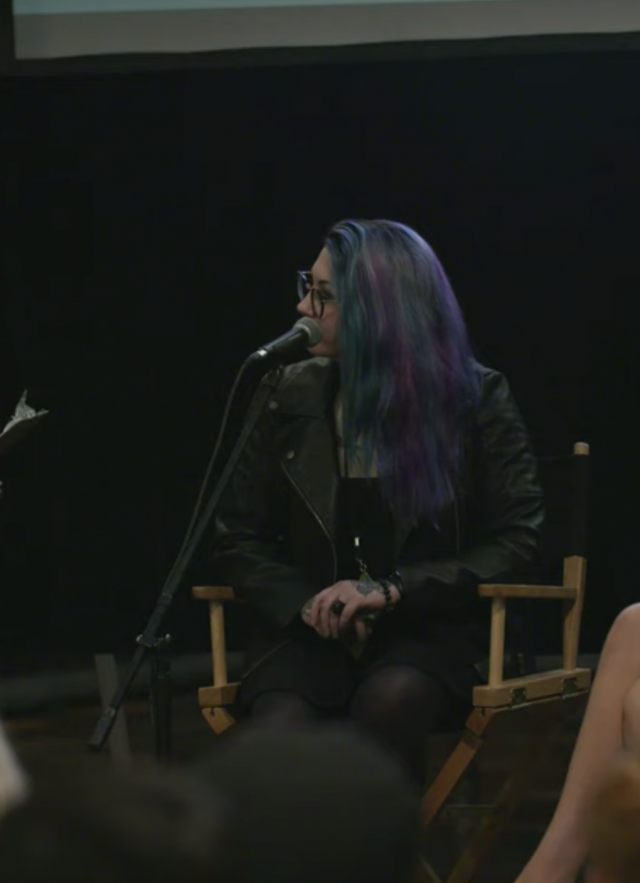 Author Mallory O'Meara, artist and filmmaker Micheline Pitt and moderator Claire Dunlap on stage during the Fright Nights event