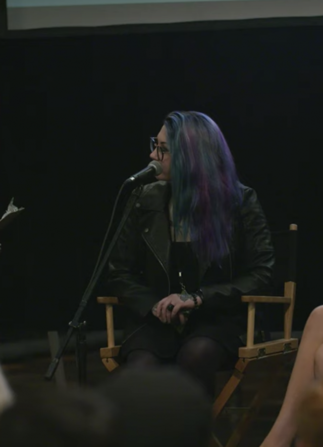 Author Mallory O&#039;Meara, artist and filmmaker Micheline Pitt and moderator Claire Dunlap on stage during the Fright Nights event