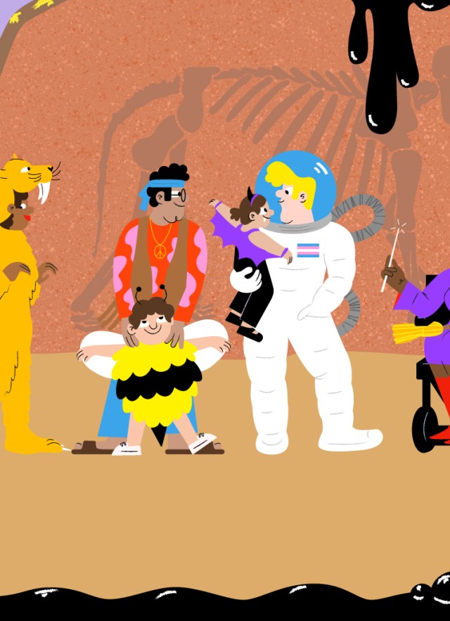 illustration of people in costumes at the Tar Pits 