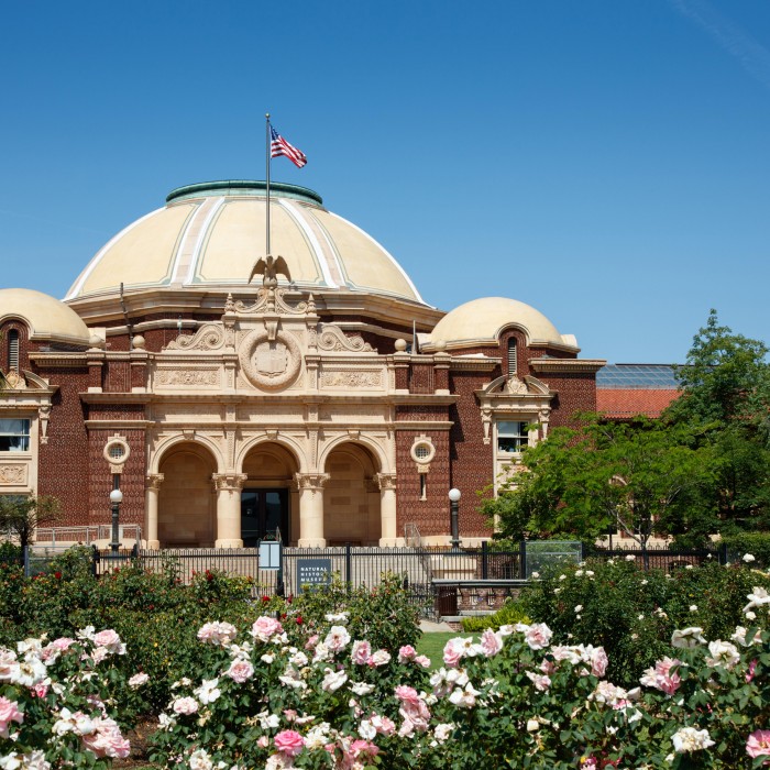 view of the 1913 building from the rose garden