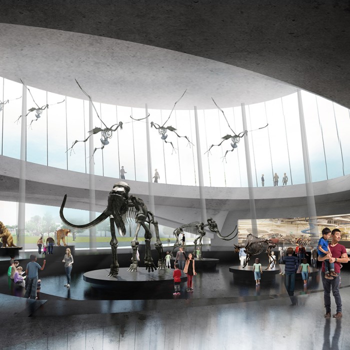 Rendering of new Exhibition Building at La Brea Tar Pits by WEISS/MANFREDI