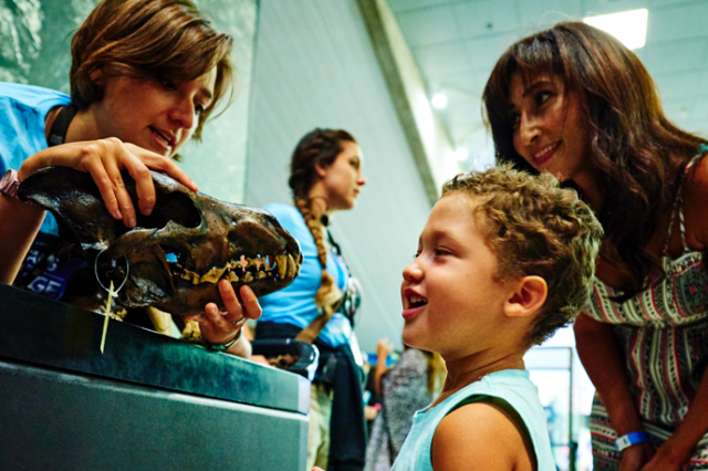 Family looking at a direwolf skull at the Natural History Museum of LA County