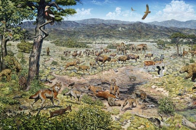Painting of ice age Los Angeles featuring animals found as fossils at the Tar Pits