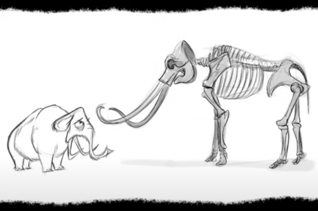 Drawing of elephant looking sadly at skeleton of mammoth