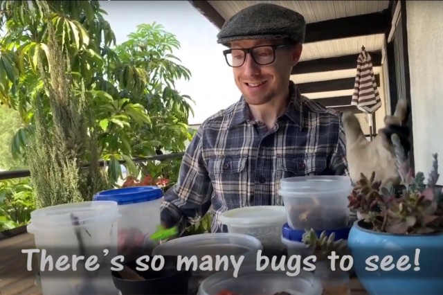 Man sitting on patio with text &quot;there&#039;s so many bugs to see&quot;