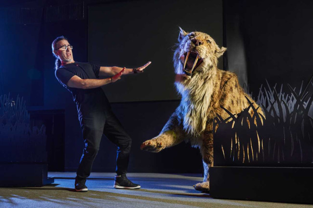 Performer with stretching arms towards life-size saber-toothed cat puppet