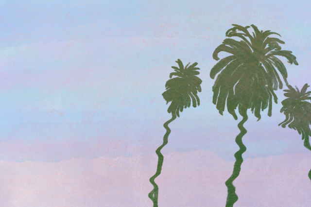 Illustration of green palm tree silhouettes distorted by heat on a pink and blue background