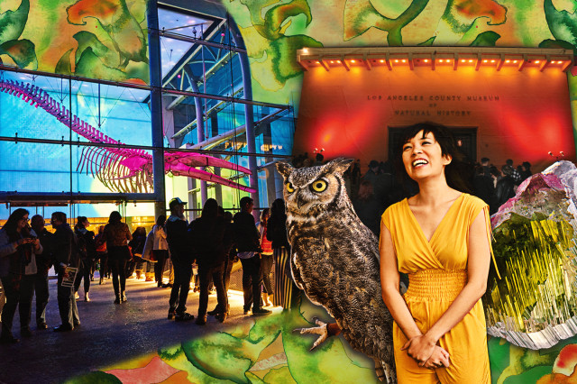 Performer in yellow dress between an owl and a green and purple gem, with a see-through building and visitors in the background