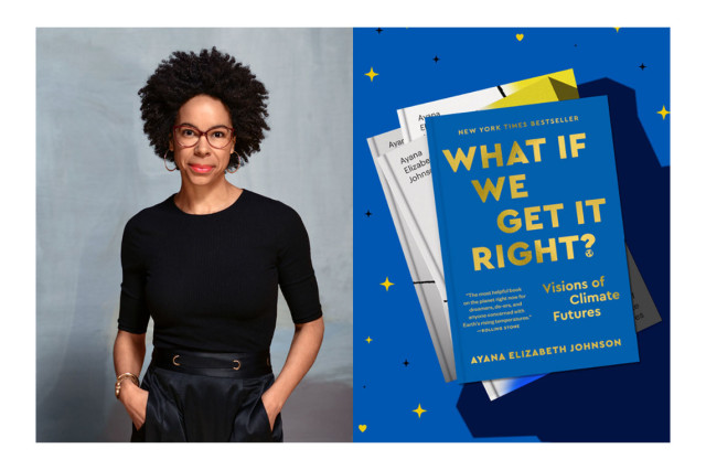 Split image with Dr. Ayana Johnson photo on right and the cover of her book What If We Get It Right? 