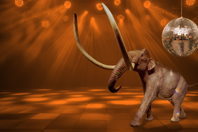 Mammoth sculpture with a disco ball above it, surrounded by orange lighting 