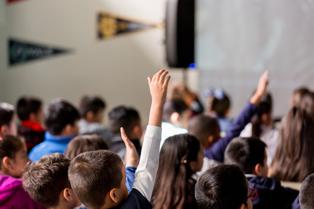 View from behind of students raising their hands in a classroom