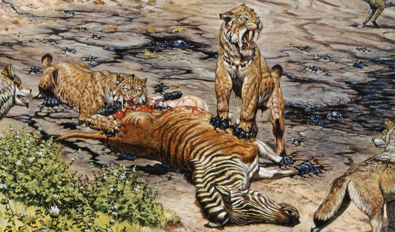 Detail from the 1988 Mark Hallett mural, “Trapped in Time,” depicting saber-toothed cats 