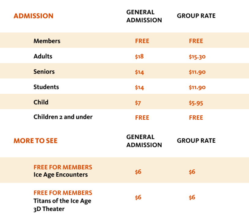 Orange and white table with general admission and group visit pricing
