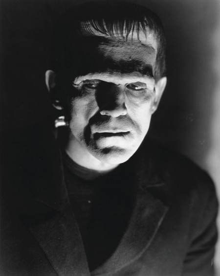 Still image from horror film Frankenstein, Frankenstein's monster looks to the left.