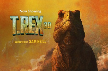 Head and shoulders of an orange-brown dinosaur against a cloudy orange and yellow sky