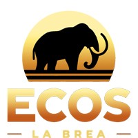 Black silhouetted elephant against a gold circularshape above Ecos in capital gold letters